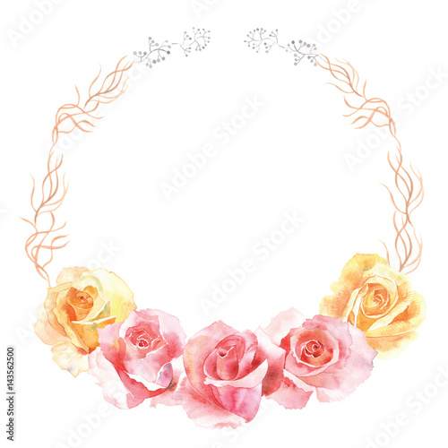 Roses in bloom watercolor decoration wreath