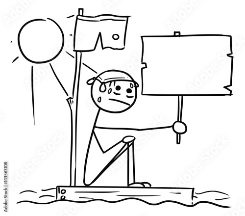 Vector Stick Man Cartoon of Man Sitting Lost on the Wreck Piece of Wood Raft with Empty Sign