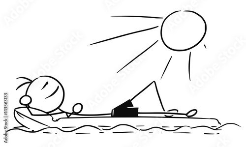 Cartoon Vector Stick Man Relaxing on Airbed, Air Mattress