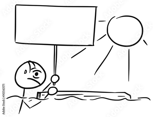Vector Stick Man Cartoon of Shipwreck Survivor Castaway Swimming with Piece of Wood and Holding Empty Sign
