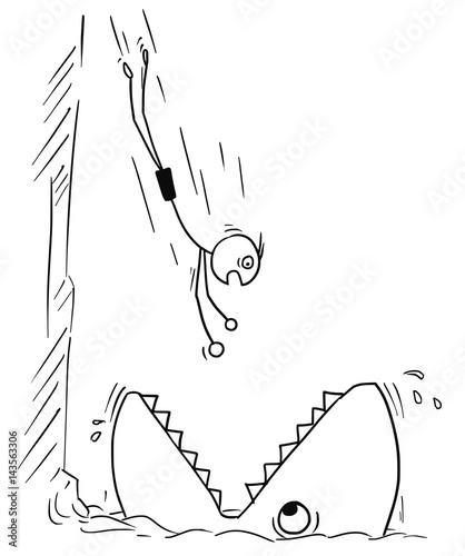 Cartoon Vector Stick Man Jumping in Large Shark Fish Mounth instead of Water