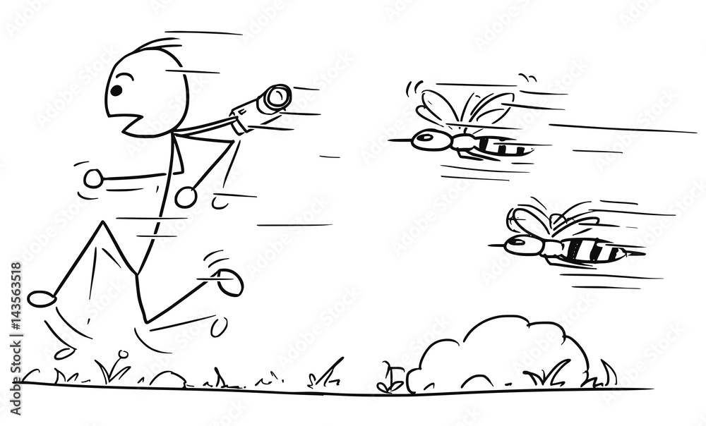 Vector Stickman Cartoon of Male Tourist Running Away Followed by Two Angry Bees or Wasps