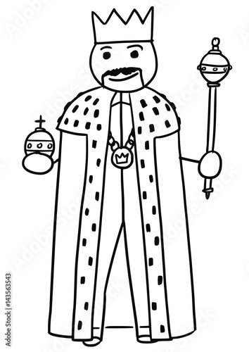 Vector Stickman Cartoon of King Posing with Crown, Sceptre and royal apple