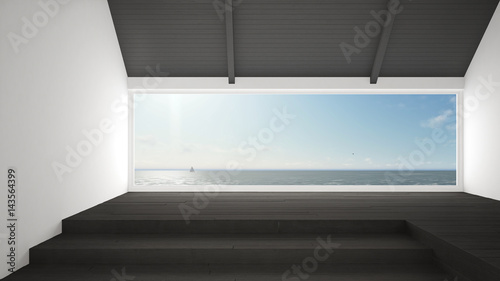 Big panoramic window with sea ocean background  summer scene  empty room interior design