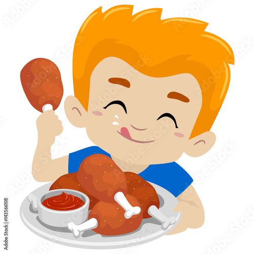 Vector Illustration of Kid Boy Eating Fried Chicken