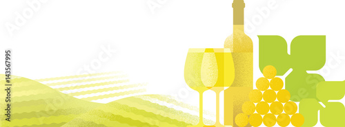 Bottle and glasses of wine and grape composition. Banner with vineyard landscape background