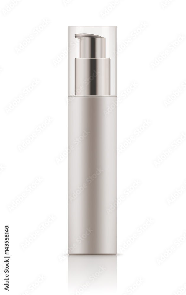 realistic blank template of plastic bottle with dispenser for gel for shave. Mock-up of package. Empty and clean 3d white plastic container with pump for cream. Illustration on white realistic blank template of plastic bottle with dispenser for gel for shave. Mock-up of package. Empty and clean 3d white plastic container with pump for cream. Illustration on white