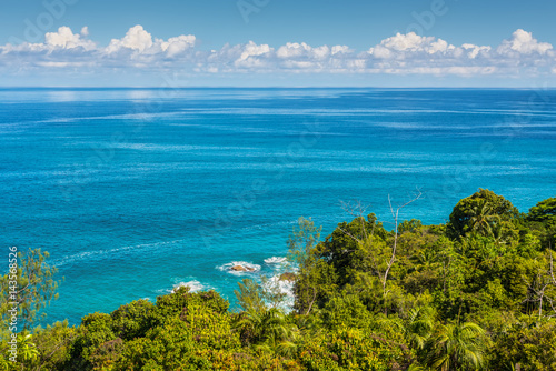 View from Anse Major Nature Trail over the northwest coastline of Mahe island, Seychelles. Summer holiday concept.