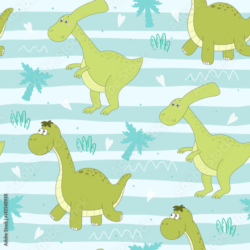 Cute seamless pattern with funny dinosaurs. vector illustration.