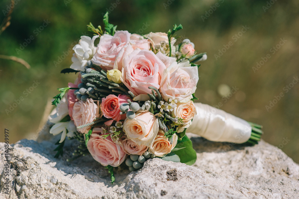 Fototapeta wedding dress, wedding rings, wedding bouquet
