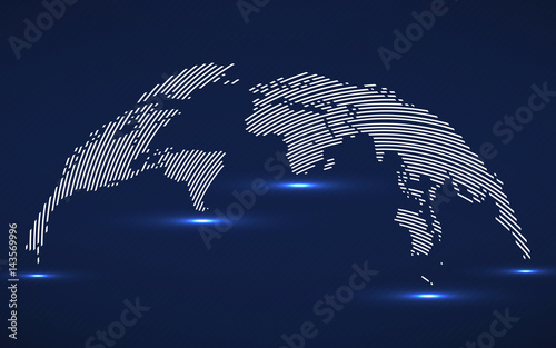 Abstract World map with lines. World stripes map, technology style. Vector