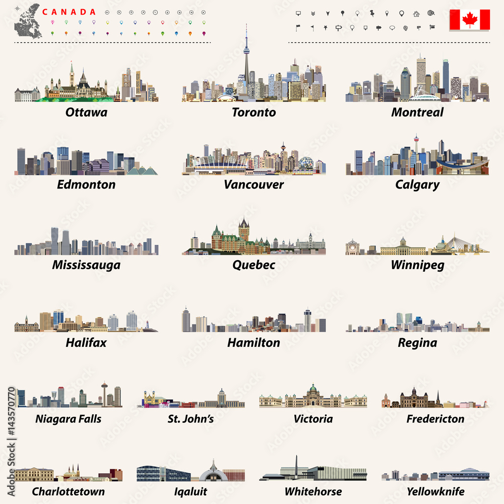 Canada largest cities and all states capitals skylines vector set. Canadian map and flag