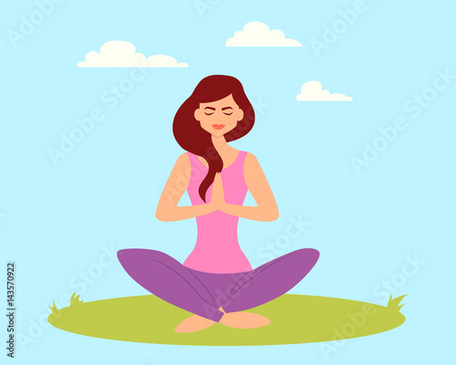 Young woman doing yoga in a park on the grass. Vector illustration