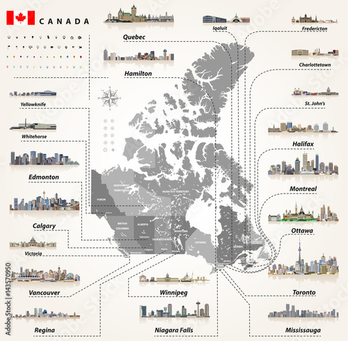 vector map of provinces and territories of Canada with largest cities and all states capitals skylines