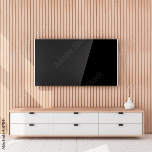 Smart Tv Mockup hanging on the wooden wall, living room. 3d rendering