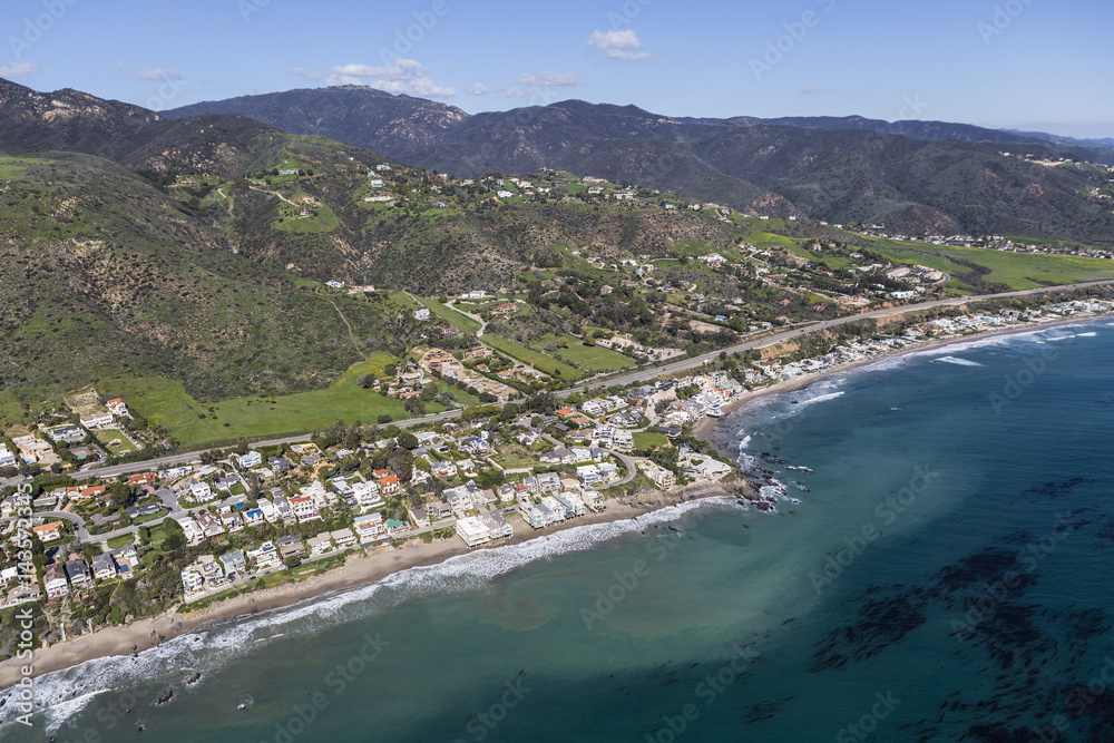 Aerial of the Lechuza Beach area in Malibu California.