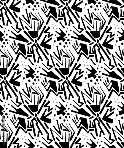 Abstract seamless pattern. Linear hand drawn motif background. Lines and dots monochrome decoration design in memphis style