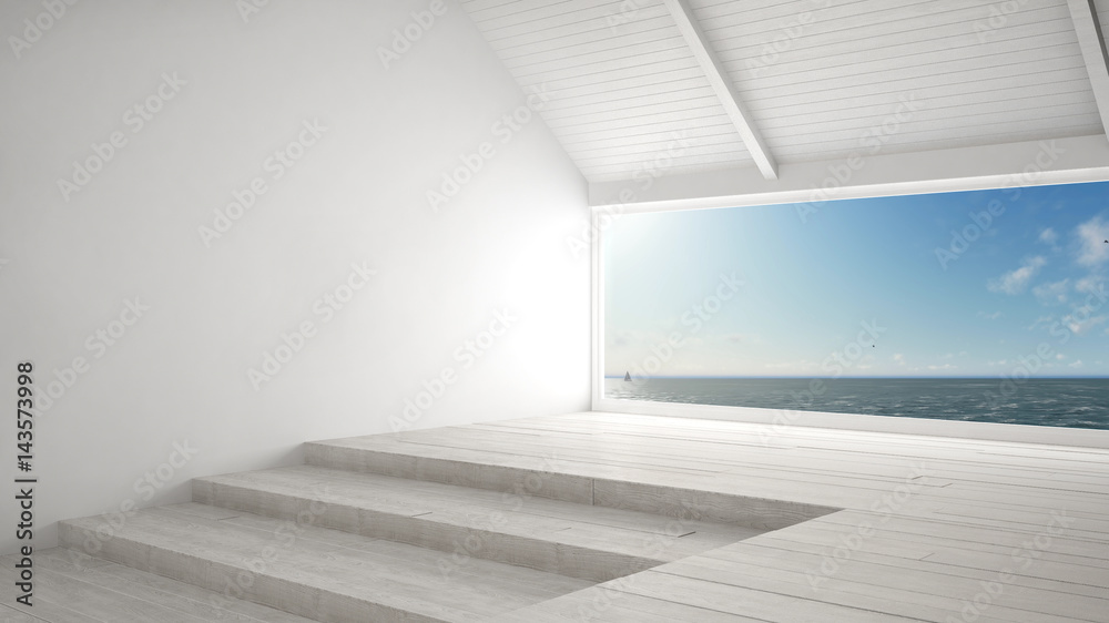 Fototapeta premium Big panoramic window with sea ocean background, summer scene, empty room interior design