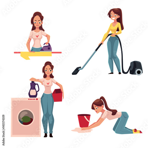 Young woman, housewife doing chores - ironing, washing, vacuum cleaning, mopping floors, cartoon vector illustration isolated on white background. Woman, girl cleaning her house, washing, ironing