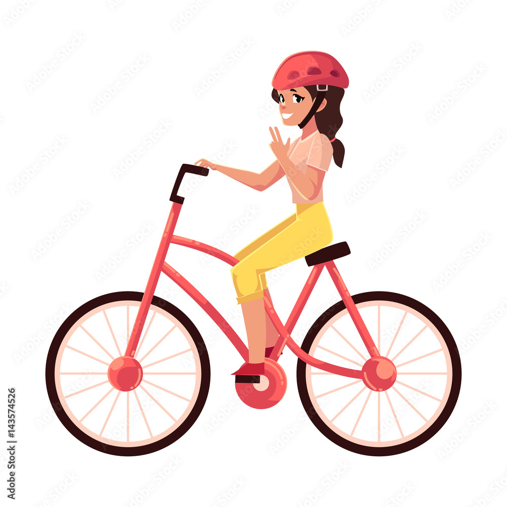 Young pretty woman, girl riding a bicycle, cycling, cartoon vector  illustration isolated on white background. Full length, side view portrait  of young pretty woman riding a bicycle, cycling Stock Vector | Adobe