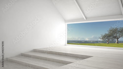 Big panoramic window with grass garden  olives trees and rough seas  empty room interior design