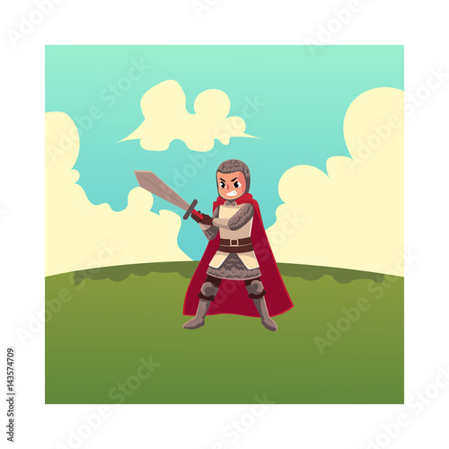 Medieval knight child  sword bearer  squire in chain armor  cartoon vector illustration isolated on white background. Full length portrait of child armor bearer stands on green grass under summer sky
