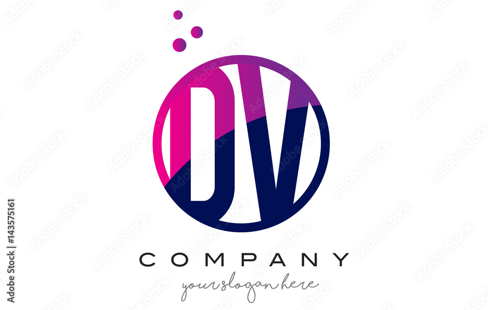 DV D V Circle Letter Logo Design with Purple Dots Bubbles