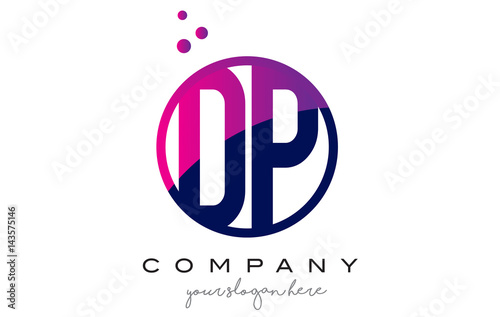 DP D P Circle Letter Logo Design with Purple Dots Bubbles