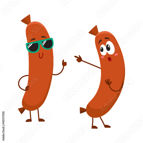 Couple of funny sausage characters, one in sunglasses giving thumb up, another pointing to it, cartoon vector illustration isolated on white background. Two sausage characters, mascots, cute and happy