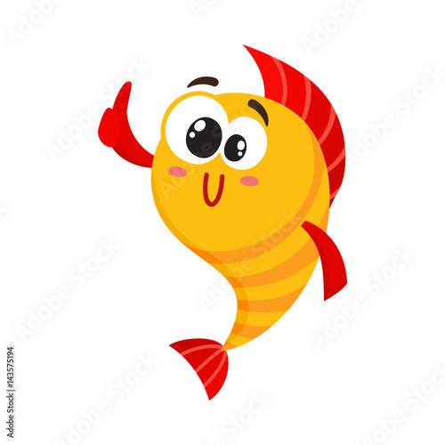 Cute, funny golden, yellow fish character with human face giving thumb up, cartoon vector illustration isolated on white background. Crazy yellow fish character, mascot showing okay sign