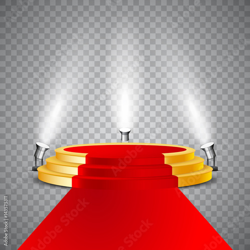 Golden round podium with red carpet and illumination, isolated on white