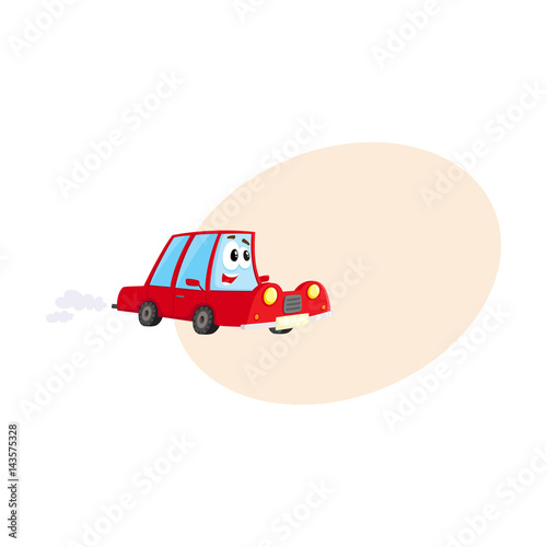 Cute and funny red car, auto character hurrying somewhere, cartoon vector illustration with space for text. Funny red car character, mascot hurrying, hasting somewhere at full speed
