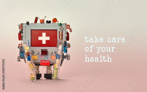 Take care of your health advertisement template poster. Medical first aid robotic monitor red display. Friendly toy character  set of colorful pills drugs in arms