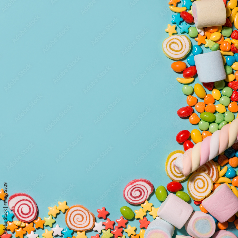 Fototapeta premium Colorful marshmallow candies and jellies as background