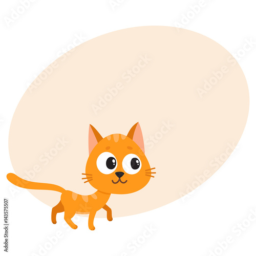 Cute and funny red cat character, curious, playful, mischievous, cartoon vector illustration with space for text. Cute and funny red cat character walking curiously, looking aside