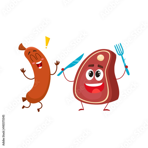 Funny happy sausage and meat steak characters, fast food concept, cartoon vector illustration isolated on white background. Sausage and meat steak characters, mascots, happy and excited