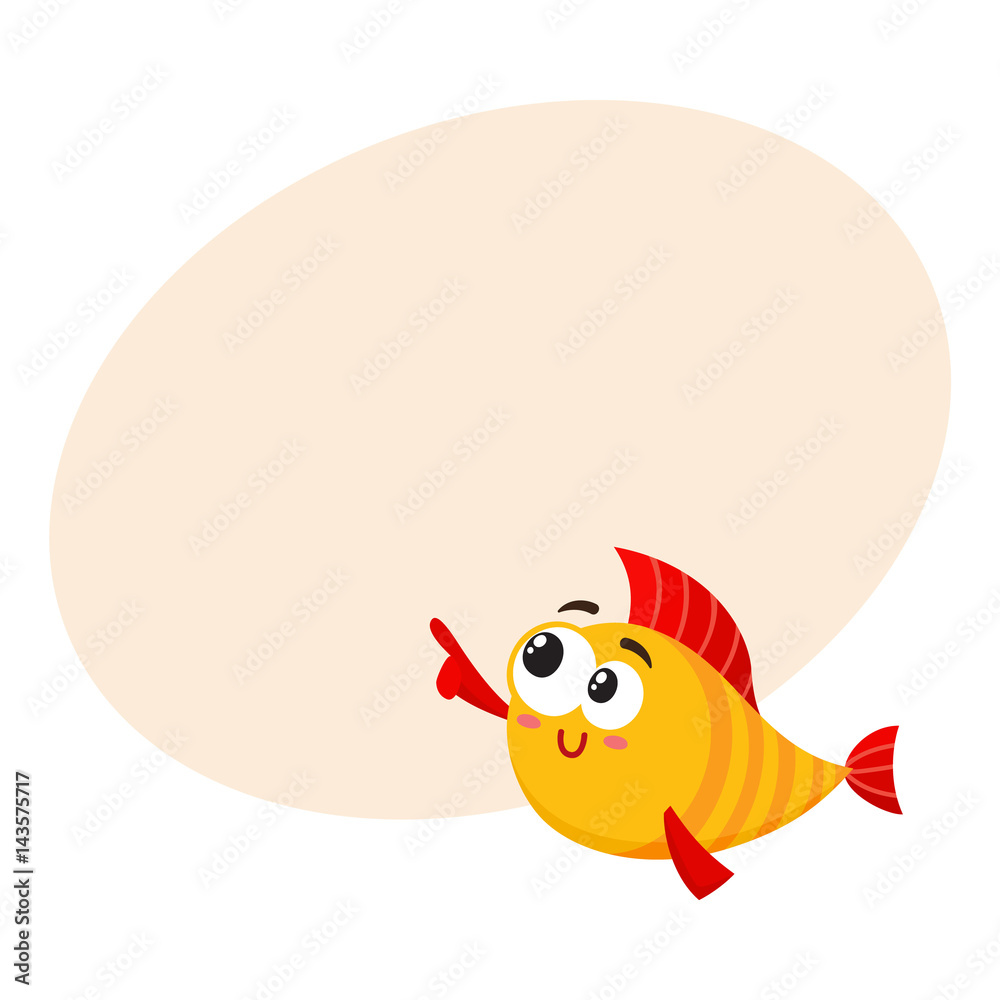 Φωτογραφία Funny smiling golden, yellow fish character pointing and looking at something, cartoon vector illustration with space for text