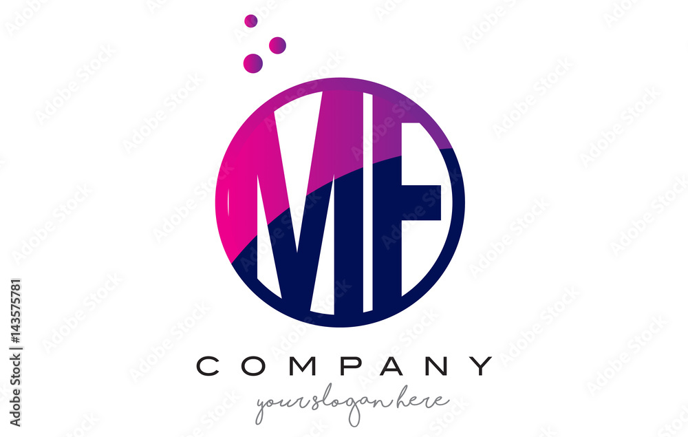 MF M F Circle Letter Logo Design with Purple Dots Bubbles MF M F Circle Letter Logo Design with Purple Dots Bubbles
