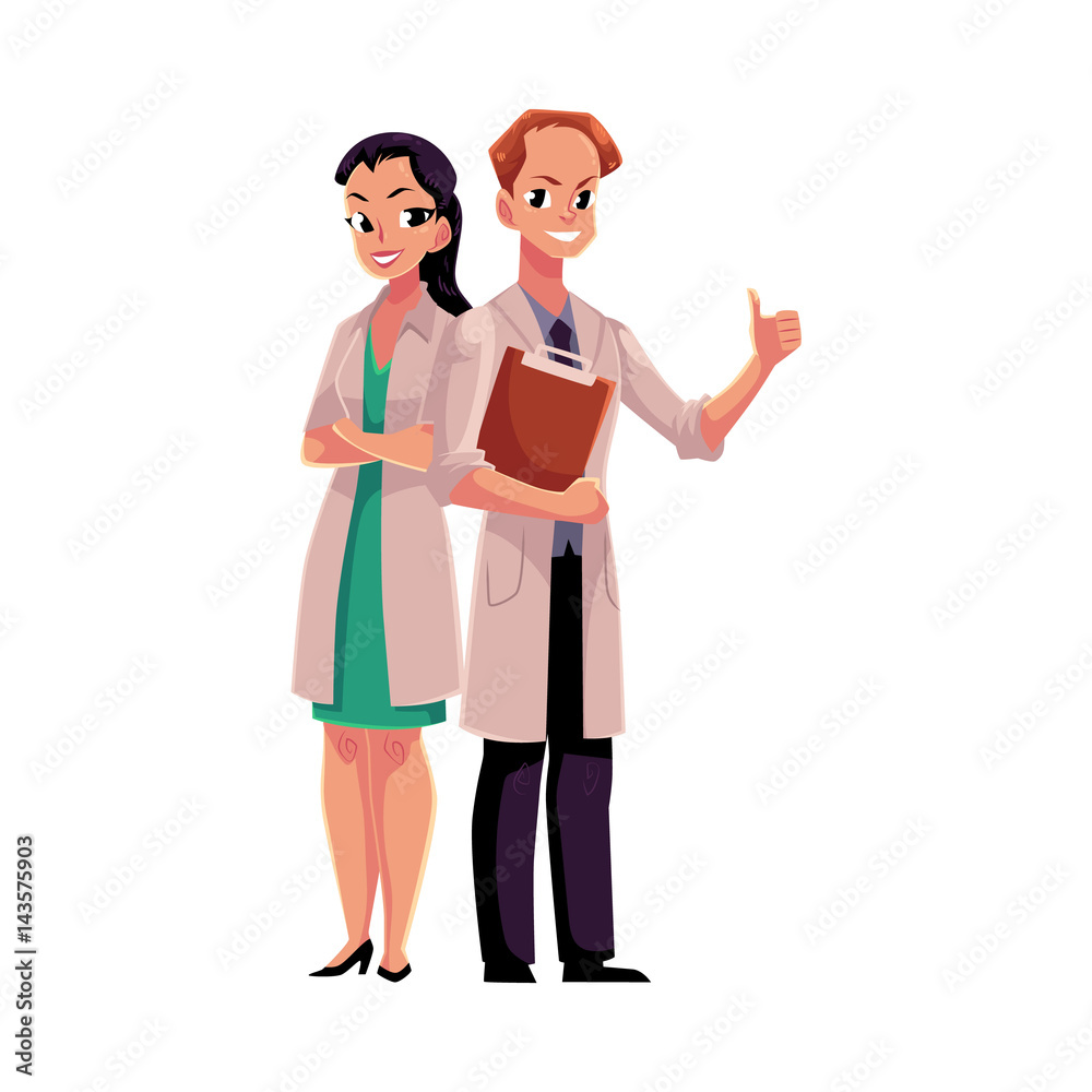 Male and female doctors in white medical coats, woman with folded arms, man holding folder, cartoon vector illustration isolated on white background. Full length portrait of two doctors