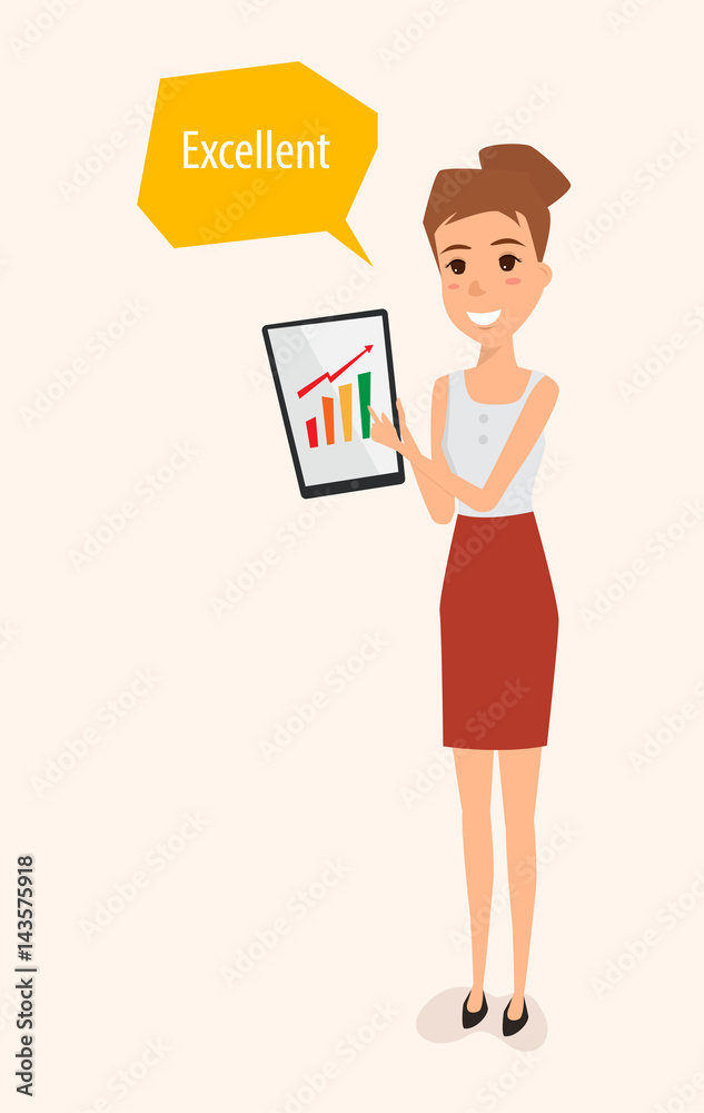 business woman presenting a mobile phone. people character in job. illustration vector design.