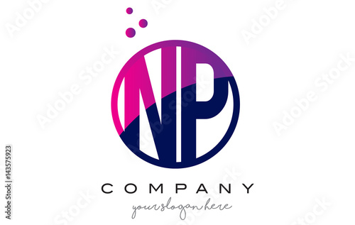 NP N P Circle Letter Logo Design with Purple Dots Bubbles