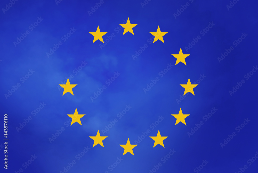 .European union flag sign.Group of star on blue sky background but one star loss.business financial and brexit sign effect concept. .European union flag sign.Group of star on blue sky background but one star loss.business financial and brexit sign effect concept.