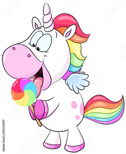 Einhorn leckt an einem Lutscher Vektor Illustration