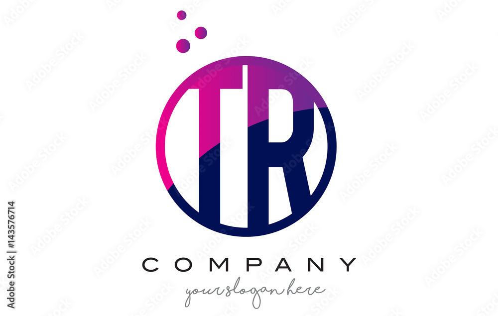 TR T R Circle Letter Logo Design with Purple Dots Bubbles