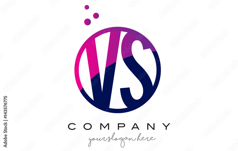 VS V S Circle Letter Logo Design with Purple Dots Bubbles VS V S Circle Letter Logo Design with Purple Dots Bubbles