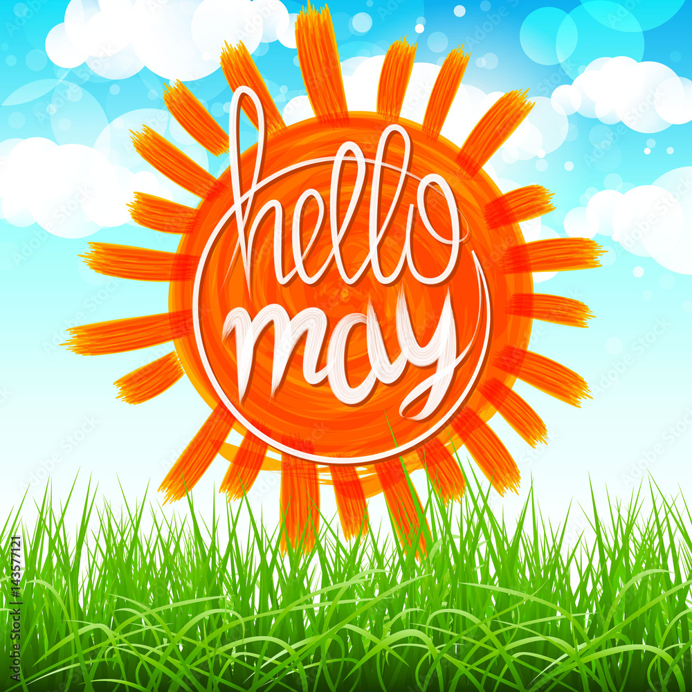 Obraz premium vector Summer Background With Sun, Grass, Flower And Butterflies