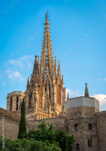 Spire of Cathedral of the Holy Cross and Saint Eulalia in Barcelona, Spain at sunset