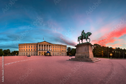 Panorama of the Royal Palace and Statue of King Karl Johan at Sunrise, Oslo, Norway photo