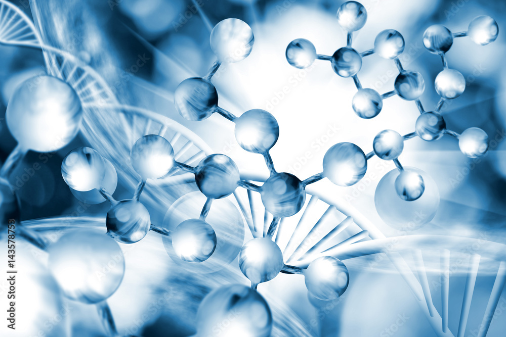 Image of molecular structure and chain of dna on blue background closeup