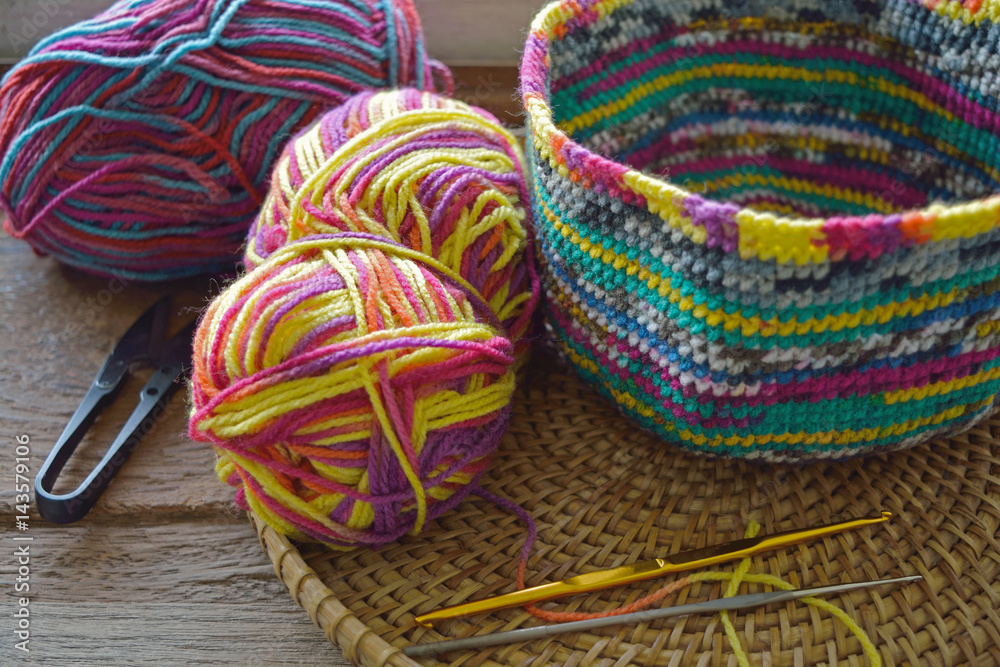 Equipment for knitting and crochet work (crochet hook, yarns and scissors)